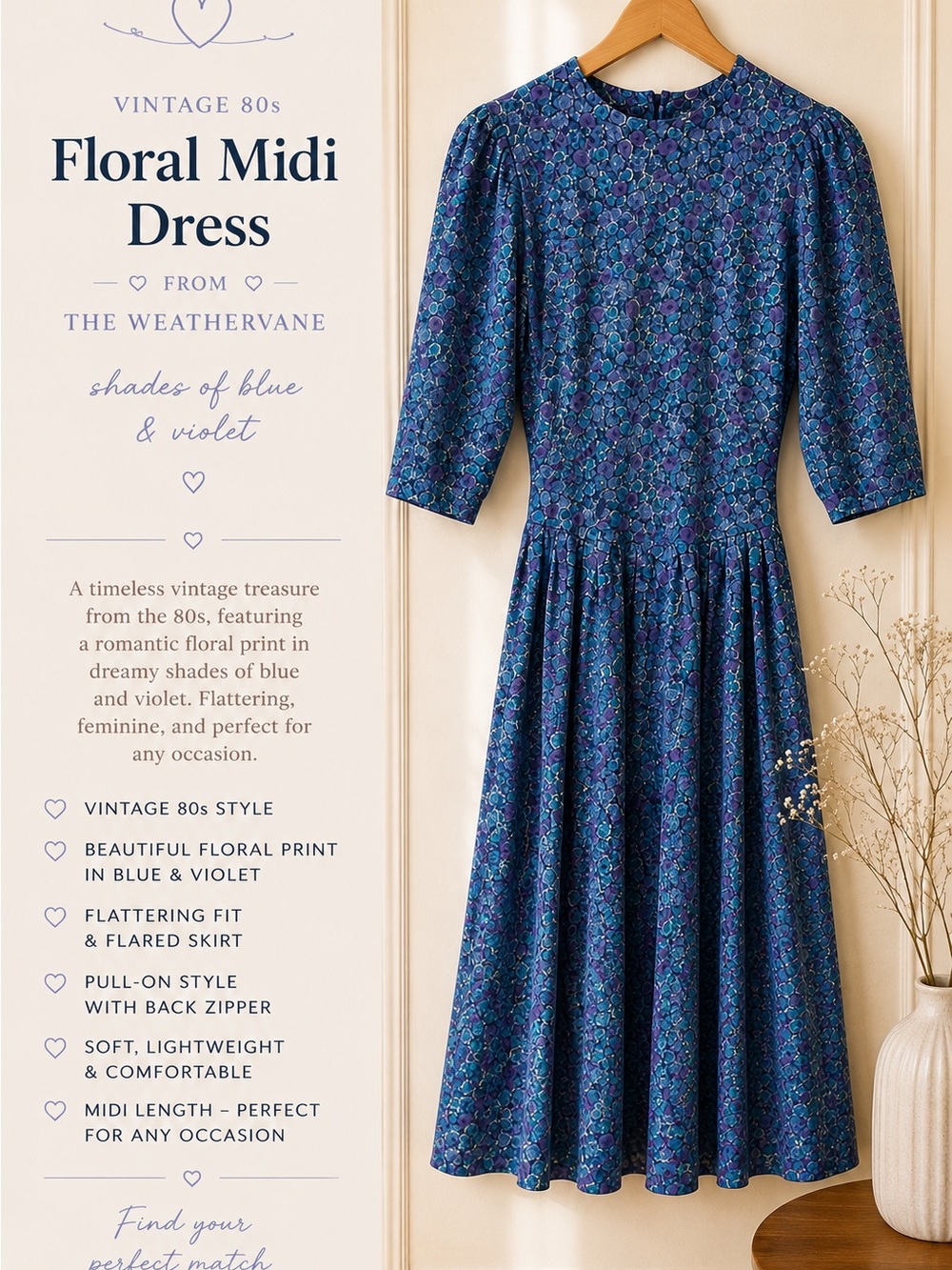 Vintage-Inspired Floral Midi Dress in Blue & Violet